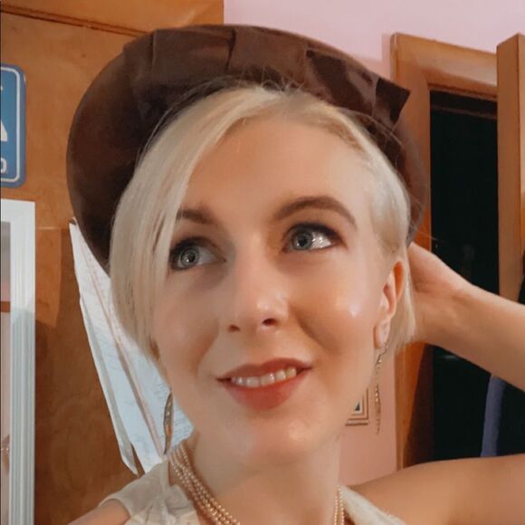 Vintage 1940s Bronze Satin Dish Hat with Golden Cloisonné Hat Pin - Picture 12 of 12